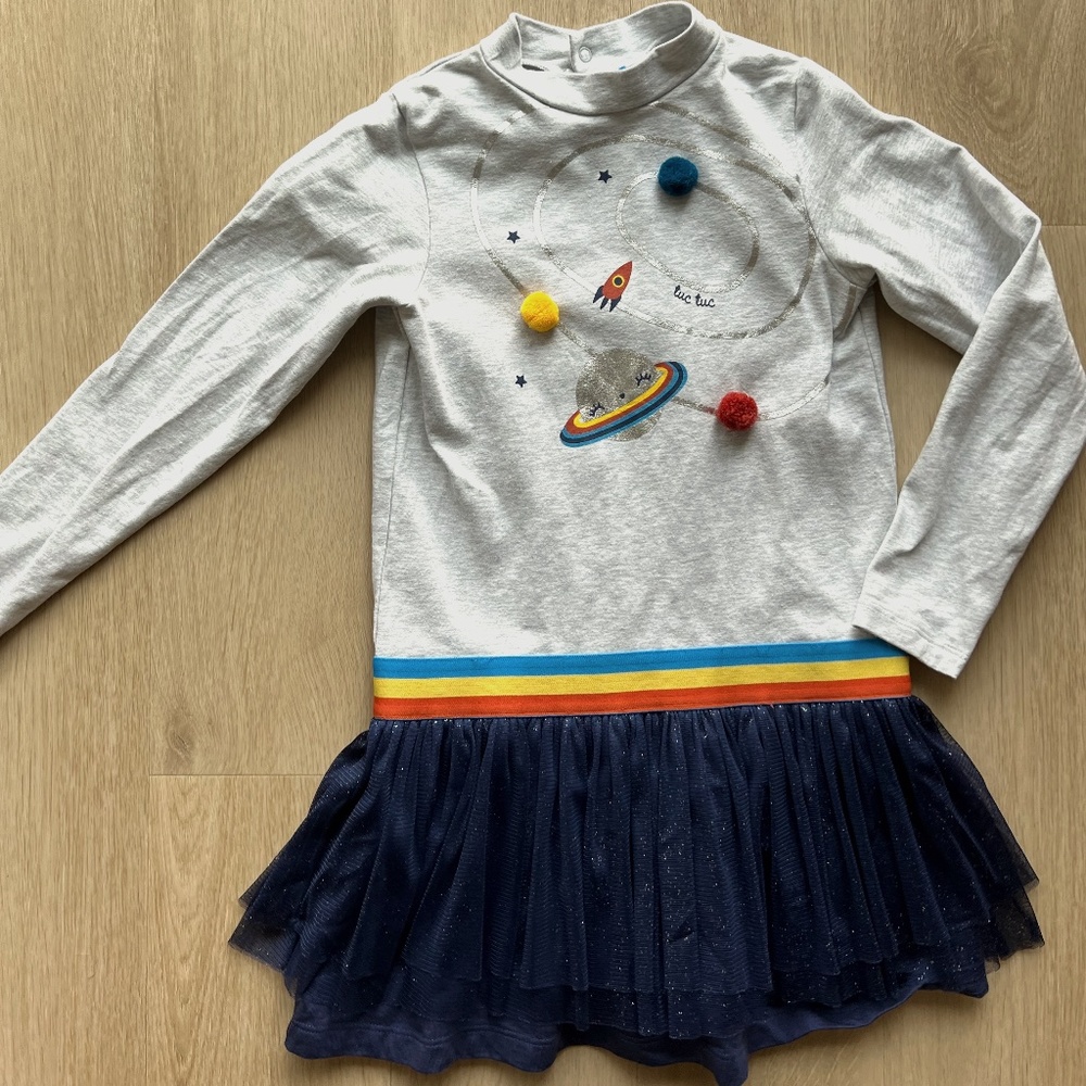 Girls' Space Rocket Long-Sleeve Dress - Grey & Navy